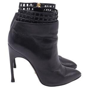 Sergio Rossi Lattice Cut Out Accent Ankle Boots in Black Leather